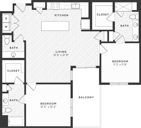 Floor plan for 2 beds, 2.5 baths, 1274 sqft
